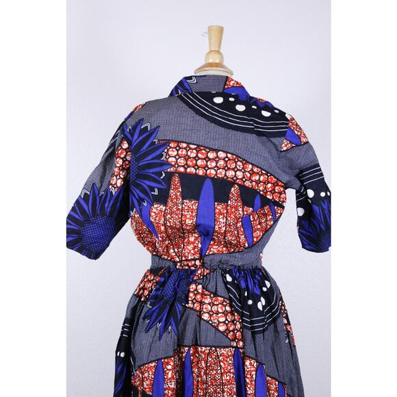 African Ankara midi dress button short sleeve handmade print blue dot sz S/M - Picture 8 of 8